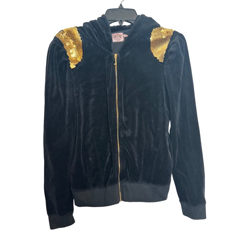 Vintage Y2K Juicy Couture Black Velour Zip Hoodie Gold Sequin Shoulders Womens S